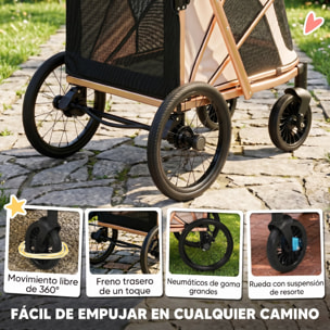 Carrito para Perros Plegable hasta 20 kg, Cochecito para Perros Medianos con Ruedas Grandes de Goma, Suspensión y Freno, Ventanas de Malla, Marco de Aluminio, Cojín, Correas, Marrón Claro