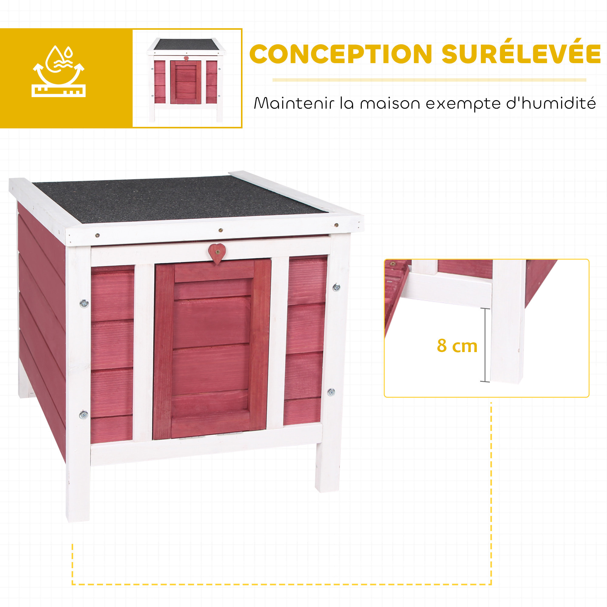 Clapier lapin niche sur pied - rampe porte verrouillable, toit ouvrant bitumé incliné - bois rouge blanc