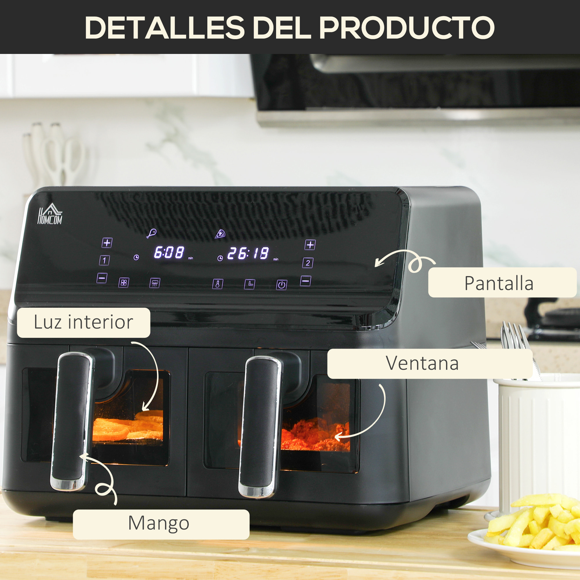 Freidora sin Aceite Doble 8L Freidora de Aire Caliente 2500W con 8 Programas Pantalla LED Táctil Temperatura Ajustable 80-200℃ Temporizador y Cesta Antiadherente 38,5x38x30,5 cm Negro