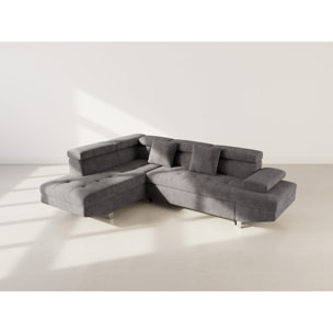 Margaux - Canapé d'angle gauche 5 places convertible avec coffre et têtières réglables en velours texturé - Gris