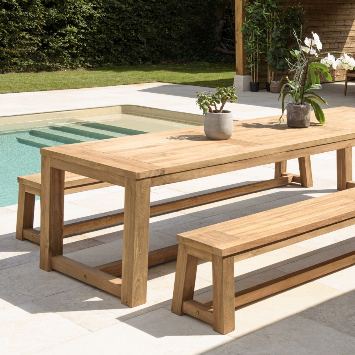 KALLY - Salon de jardin 1 table et 2 bancs en bois teck recyclé