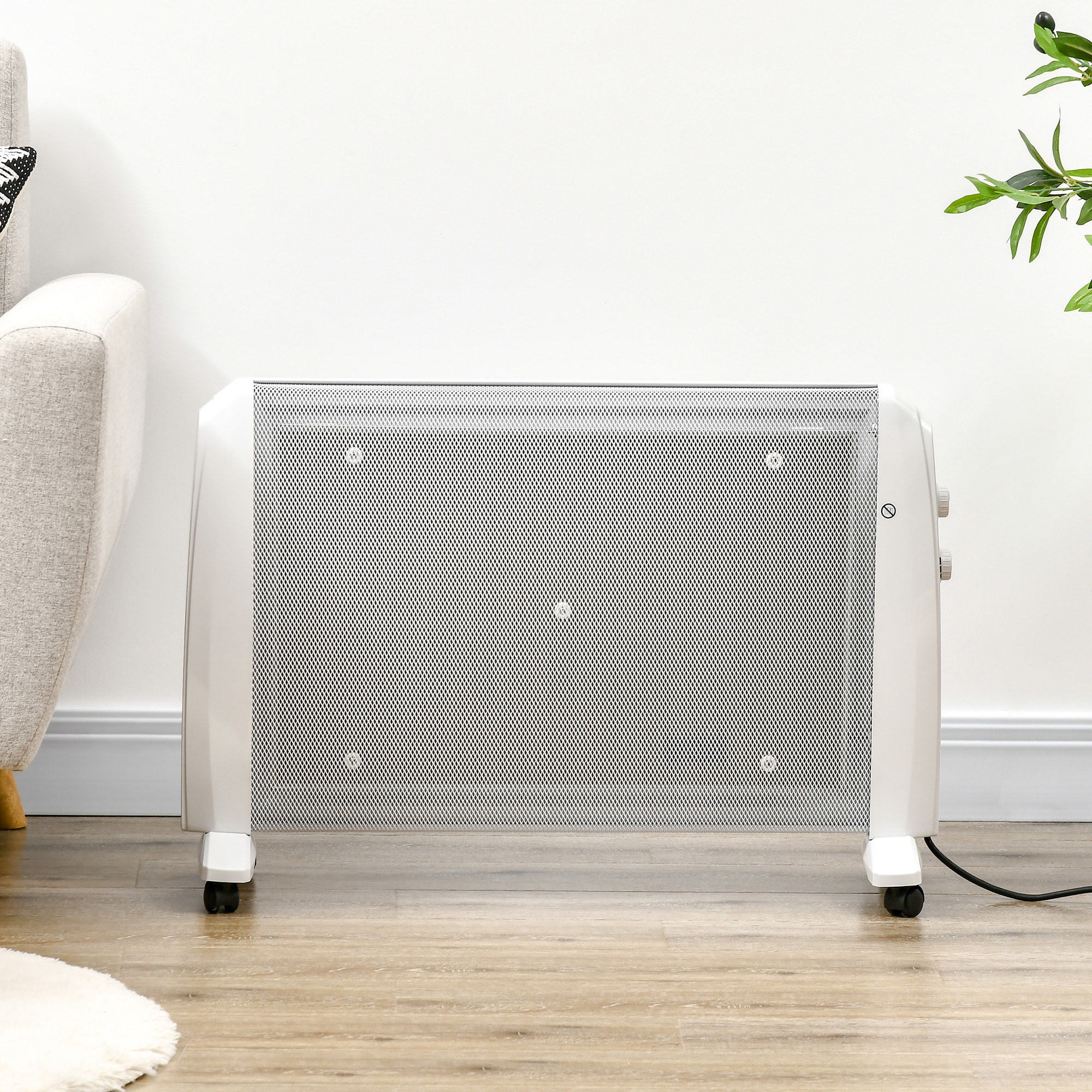 Calefactor Eléctrico 1000W/2000W Radiador de Mica con 4 Ruedas 79x27x54cm Blanco