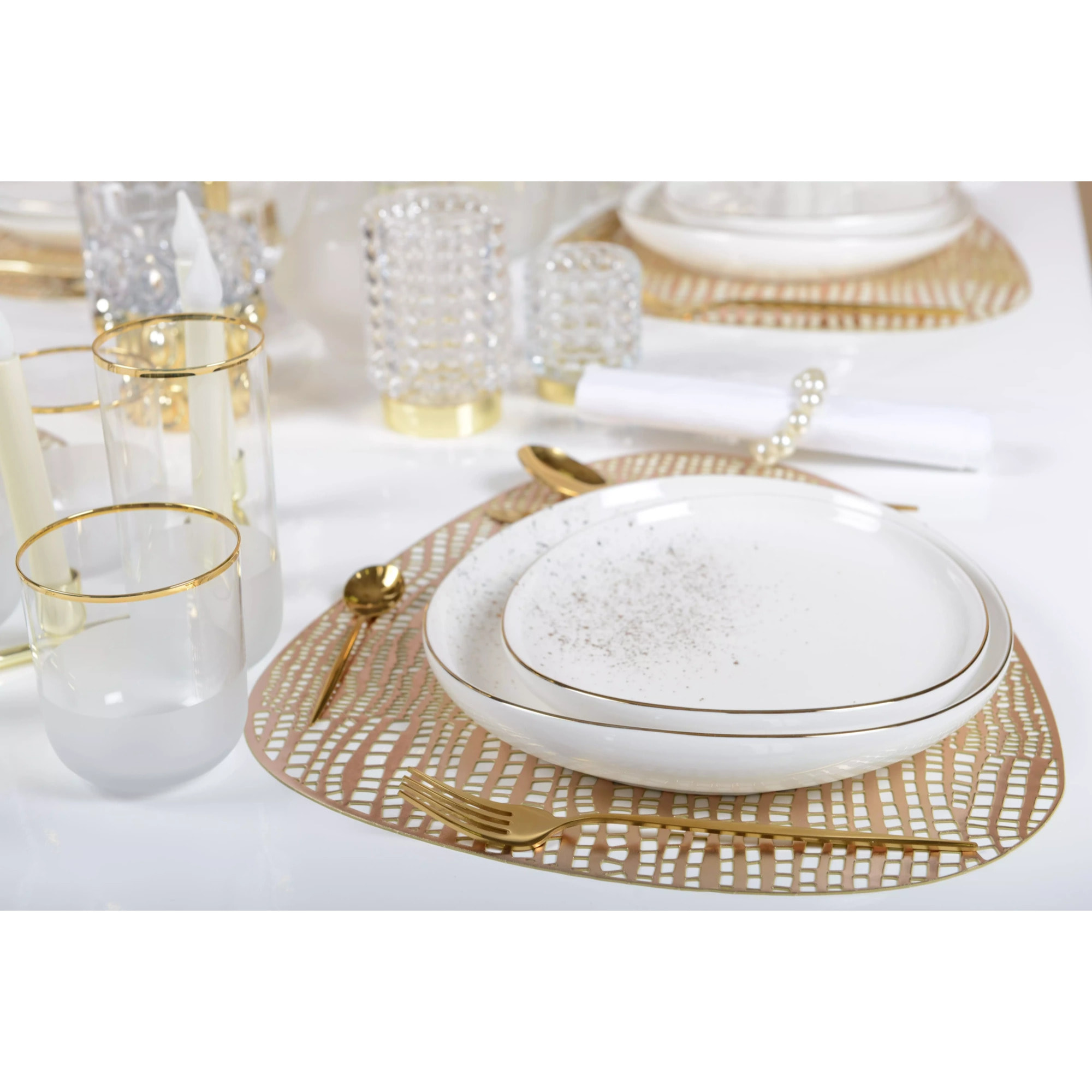 Lot de 6 Assiette à dessert ovale blanche flash or