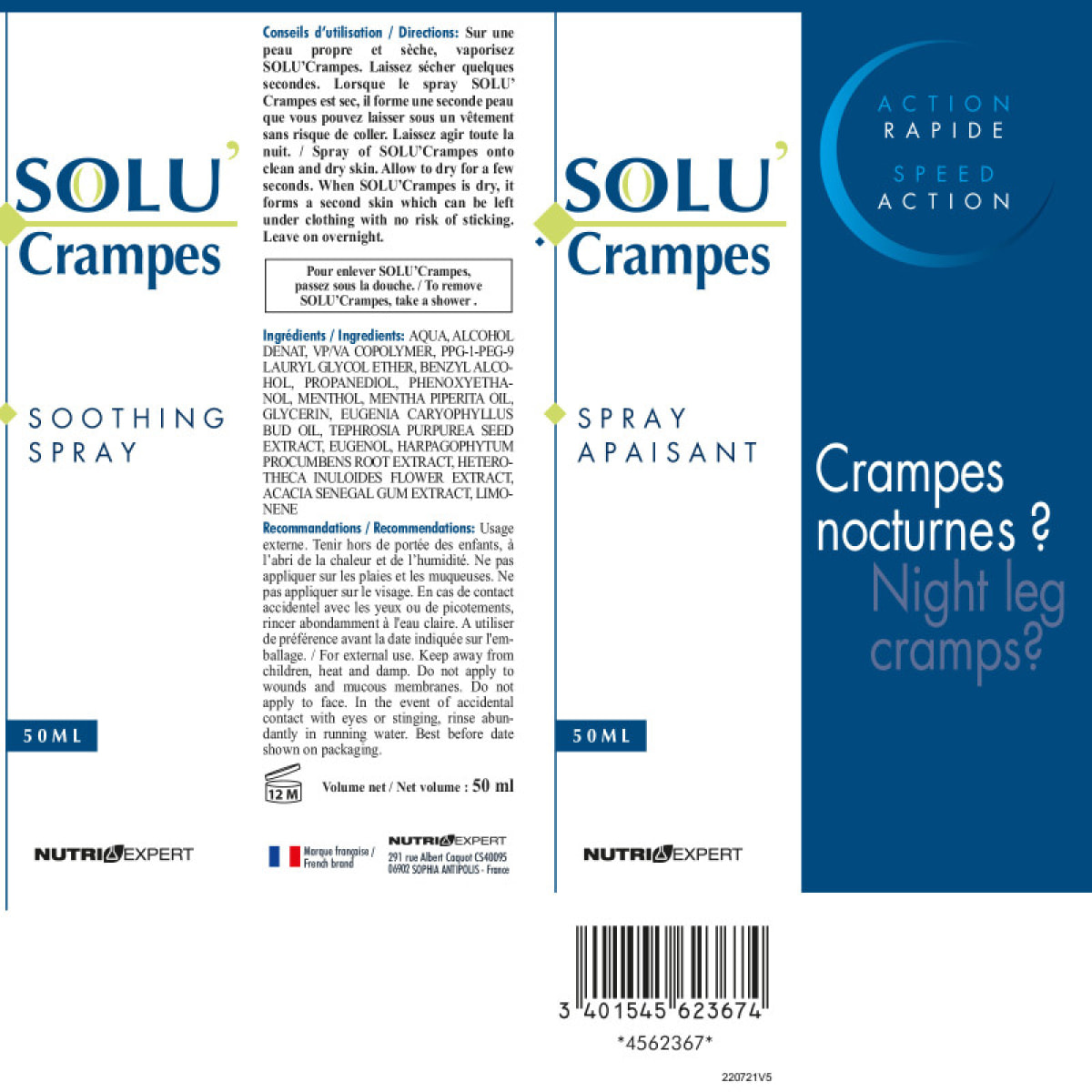 NUTRIEXPERT – Solu' Crampes Spray – Contre les crampes et contractions – Apaise et calme les douleurs musculaires localement – Sensation de bien-être immédiat – Extraits de Plantes – Spray 50ml