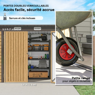 Abri de jardin 3 m² tôle d'acier 2 portes verrouillables 2 évents toit incliné effet bois clair marron