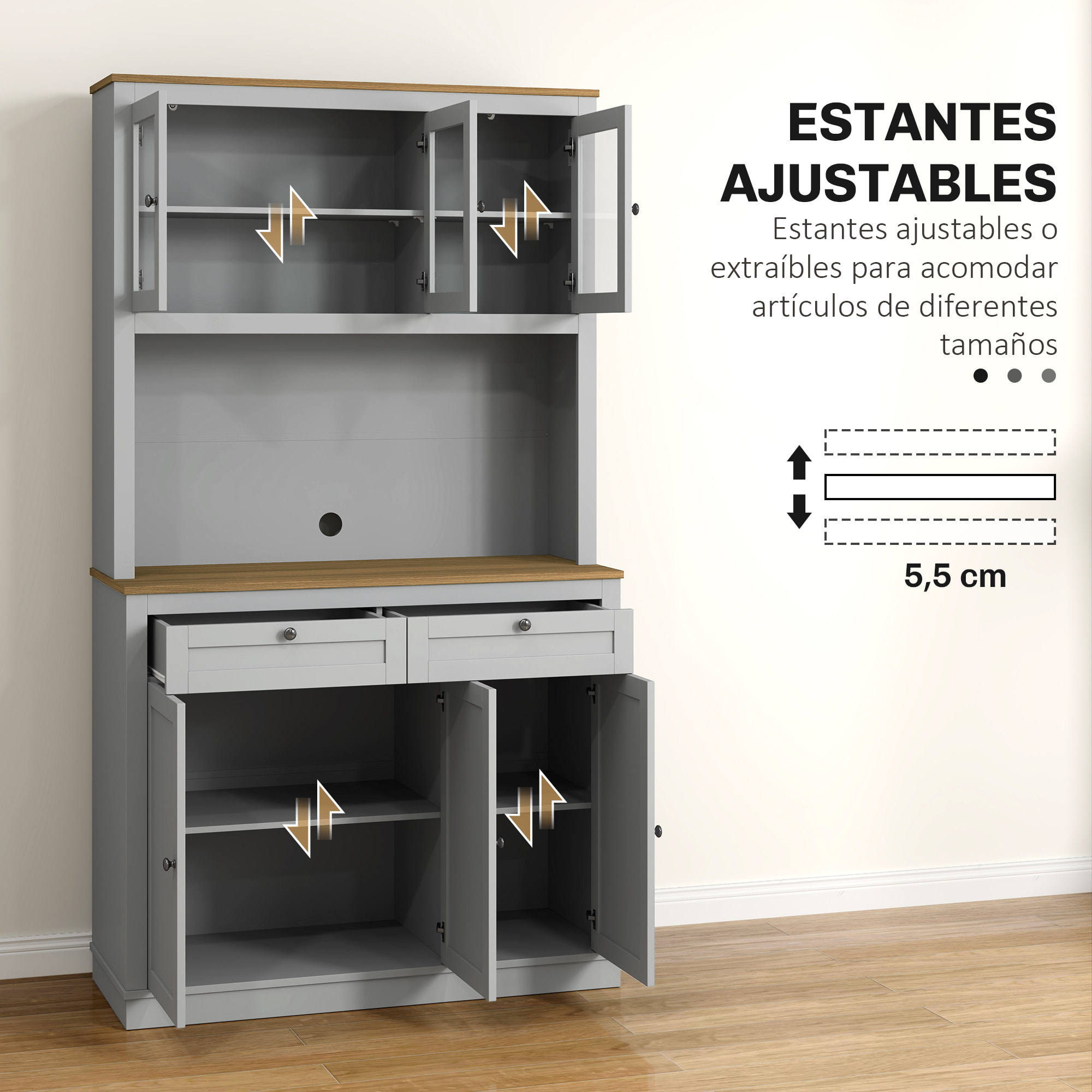 Alacena de Cocina, Mueble Auxiliar de Cocina, con 3 Puertas de Vidrio, Encimera Abierta para Microondas, 2 Cajones y Estantes Ajustables, 100x40x180 cm, Gris