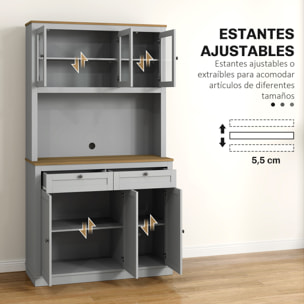 Alacena de Cocina, Mueble Auxiliar de Cocina, con 3 Puertas de Vidrio, Encimera Abierta para Microondas, 2 Cajones y Estantes Ajustables, 100x40x180 cm, Gris