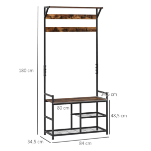 Perchero de Pie con Zapatero Perchero de Entrada con 3 Estantes 9 Ganchos Patas Ajustables Estilo Industrial para Pasillo Dormitorio 84x34,5x180 cm Color Negro Marrón