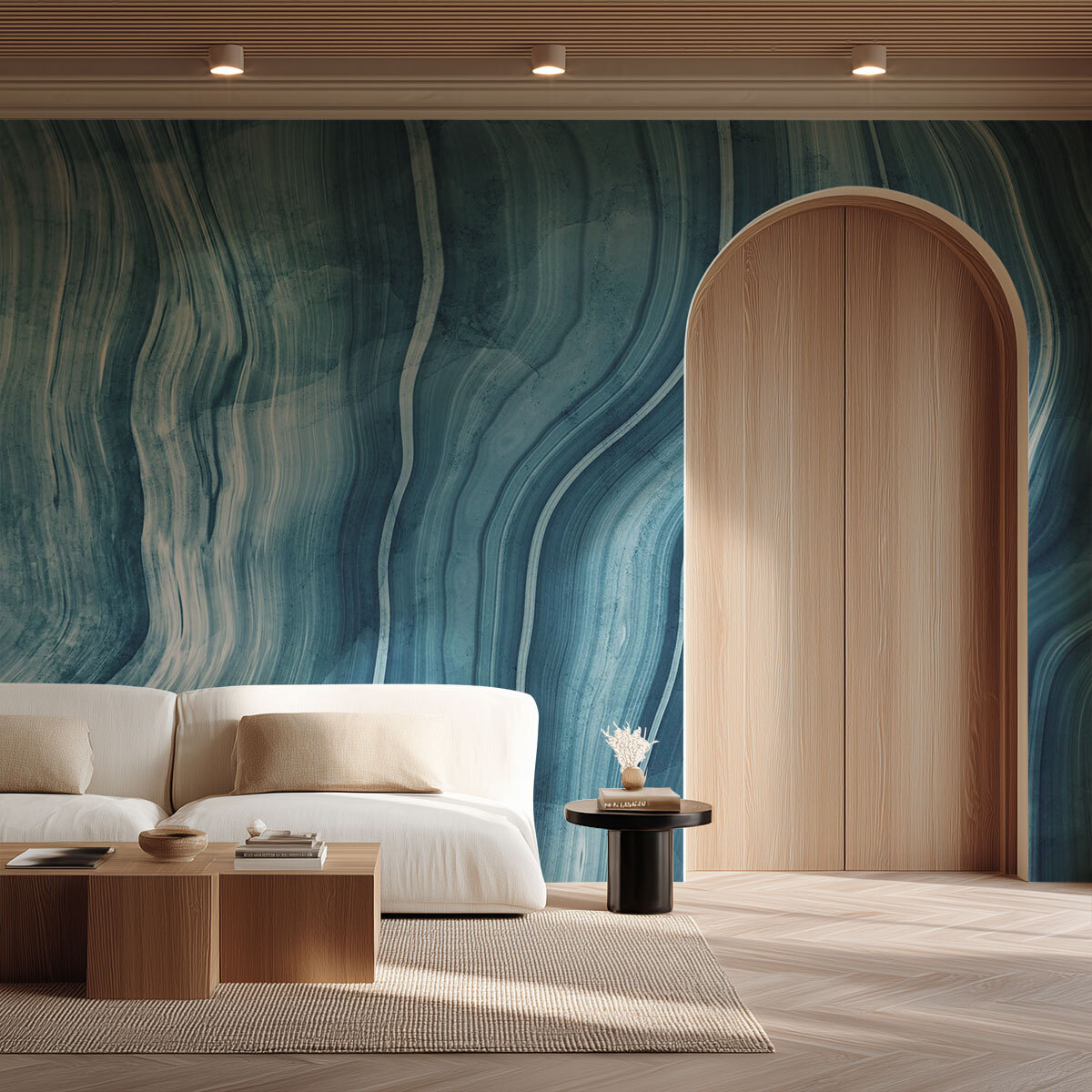 Papier peint marbre ondulé bleu contemporain Intissé