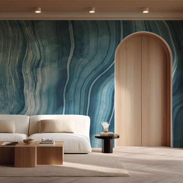 Papier peint marbre ondulé bleu contemporain Intissé