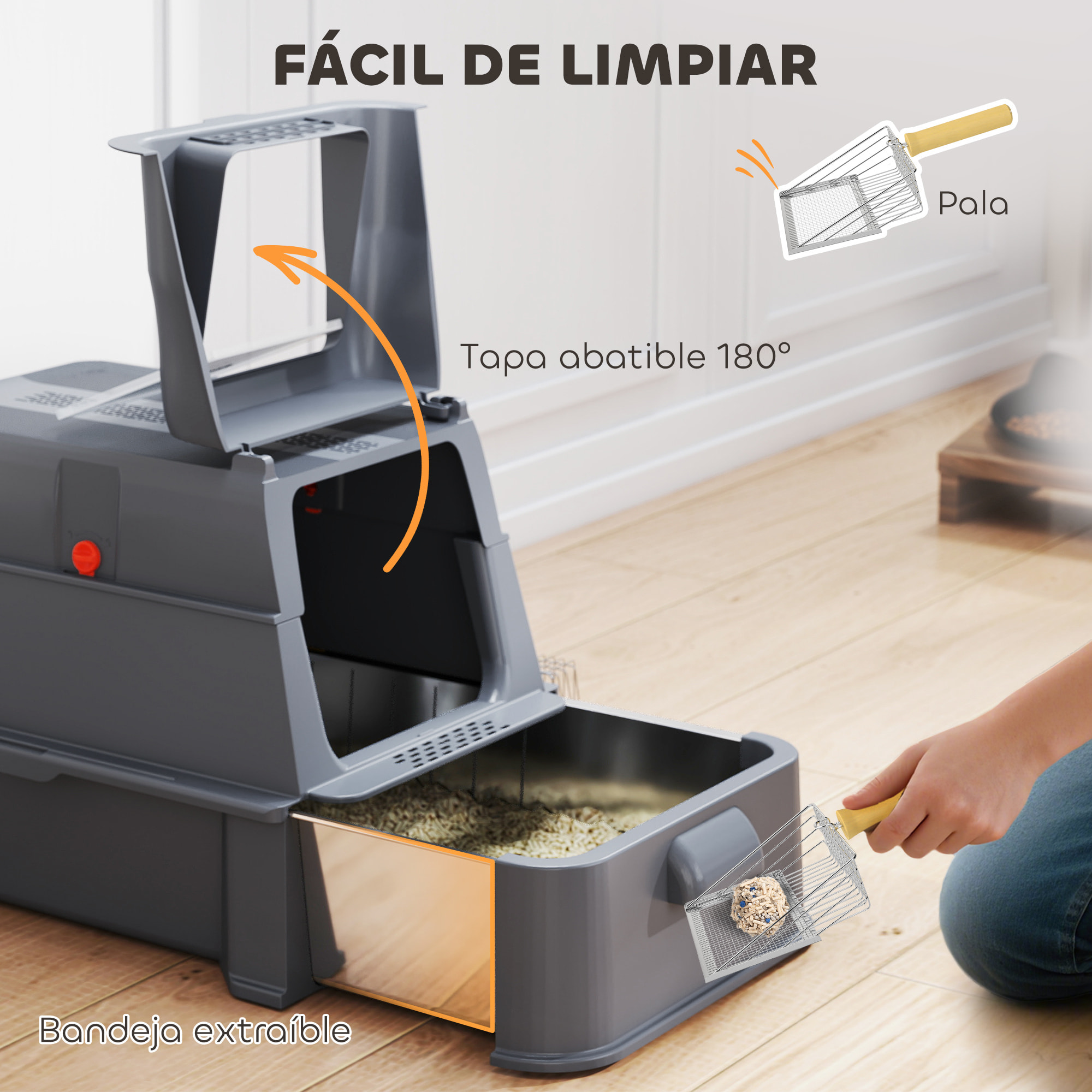 Arenero para Gatos de Acero Inoxidable XL, Caja de Arena para Gatos, Arenero con Tapa Abatible 180°, Laterales Altos, Pedal, Pala, sin Olores, Fácil de Limpiar, Antifugas, Gris Oscuro