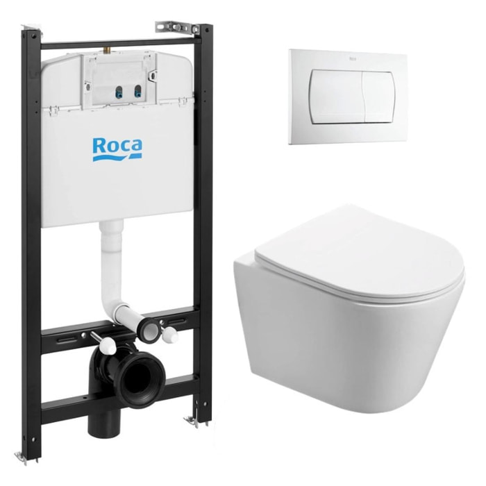 Pack Bâti-support Roca Active + WC sans bride SAT Infinitio + Abattant slim, softclose + Plaque Blanche