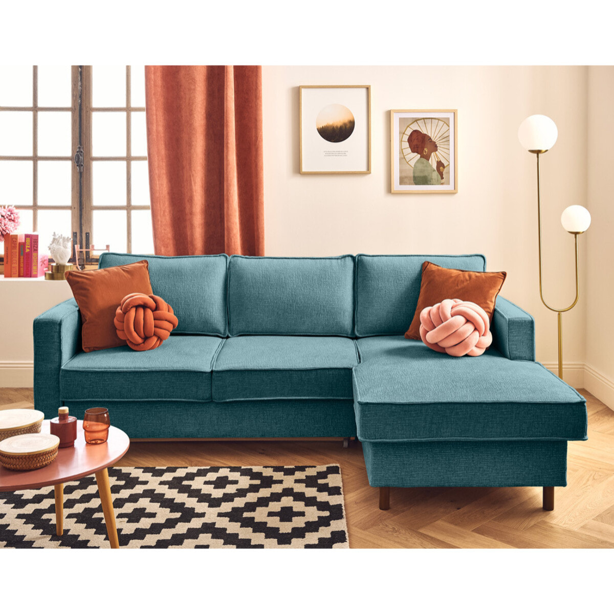 Jake - canapé d'angle droit 4 places convertible avec coffre en tissu velours relief - Bleu