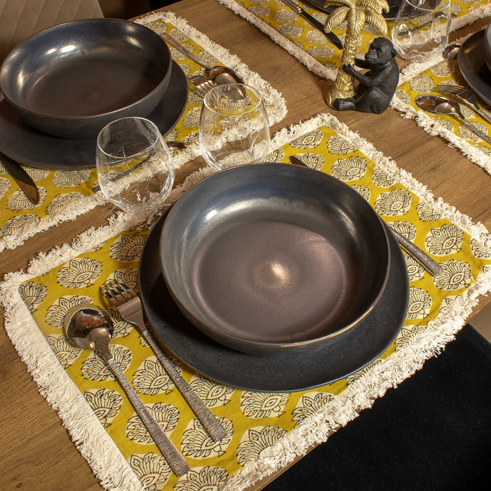 Lot de 4 sets de table en coton jaune avec franges CATANE
