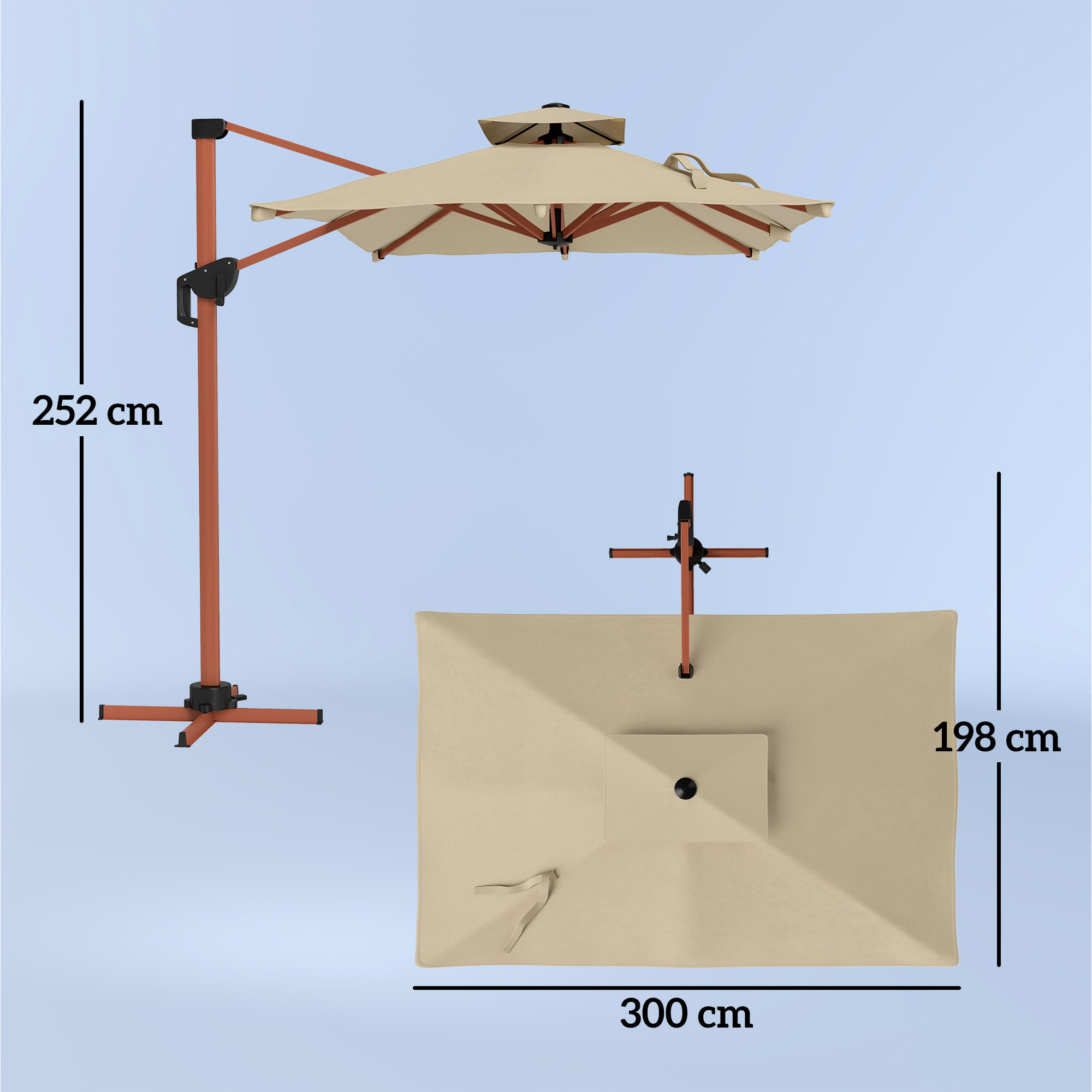 Sombrilla de Jardín 300x198x252 cm Parasol Excéntrico de Aluminio con Manivela Inclinación Ajustable Doble Techo y Base Cruzada Giratoria 360° Sombrilla para Terraza Exterior Patio Caqui