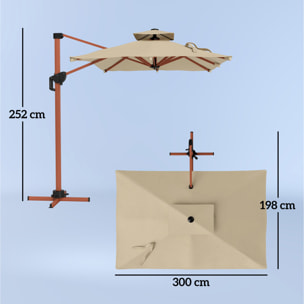 Sombrilla de Jardín 300x198x252 cm Parasol Excéntrico de Aluminio con Manivela Inclinación Ajustable Doble Techo y Base Cruzada Giratoria 360° Sombrilla para Terraza Exterior Patio Caqui
