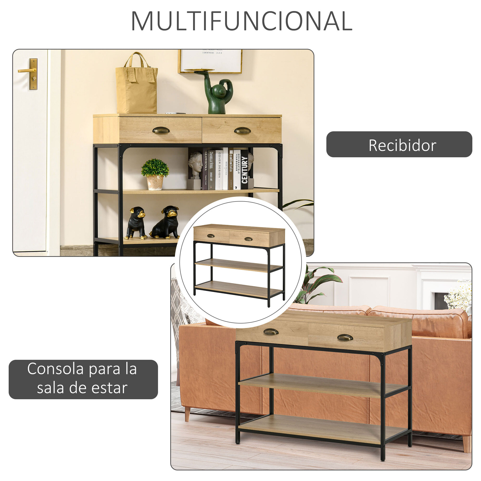 Mesa Consola Mesa de Entrada con 2 Cajones y 2 Estantes de Almacenamiento Marco de Acero Mueble Recibidor para Pasillo Salón 100x35x79,2 cm Roble