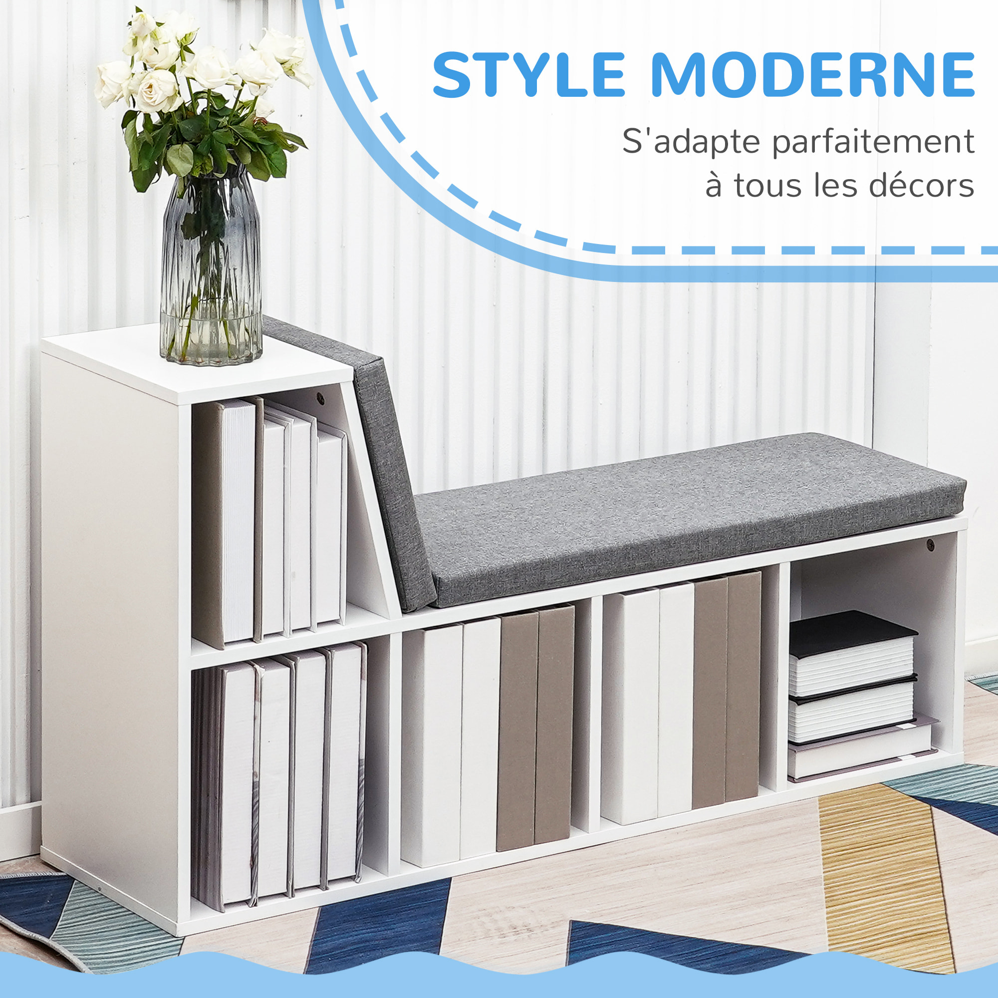 Bibliothèque banc 2 en 1 design contemporain 5 casiers 2 coussins fournis 108L x 30l x 60H cm blanc gris chiné