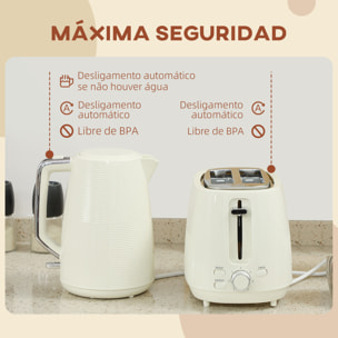 Juego de Tostador y Hervidor Hervidor de Agua Eléctrico de Acero Inoxidable 2200W 1,7L Tostadora Pan Ranura Ancha para 2 Rebanadas 3 Funciones Crema