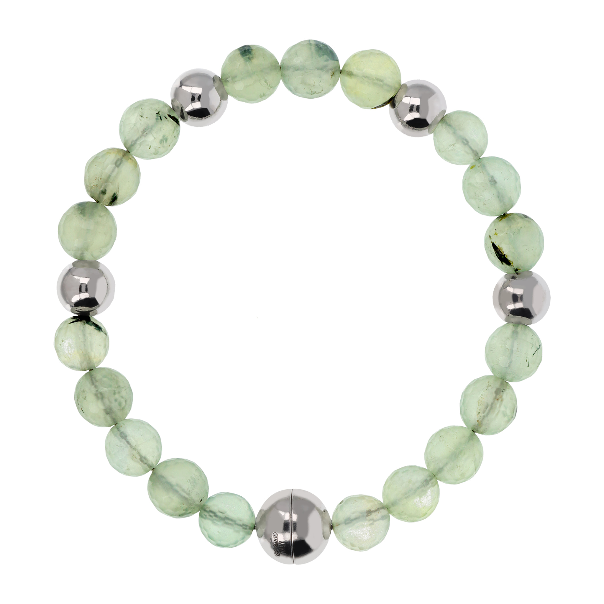 Bracciale di Sfere Argentate e in Pietra Naturale Prehnite Grigia in Argento 925 placcato Rodio