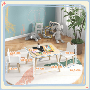 Juego de Mesa y 2 Sillas Infantiles de Madera, Mesa Infantil con Sillas, con Pizarra, Respaldo en Forma de Osito y Compartimentos, para Niños, para Guardería, Dormitorio, Natural y Blanco