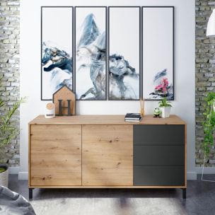 Aparador 2 Puertas 3 Cajones 74x154x41 Cm Gris Antracita Y Roble Nodi