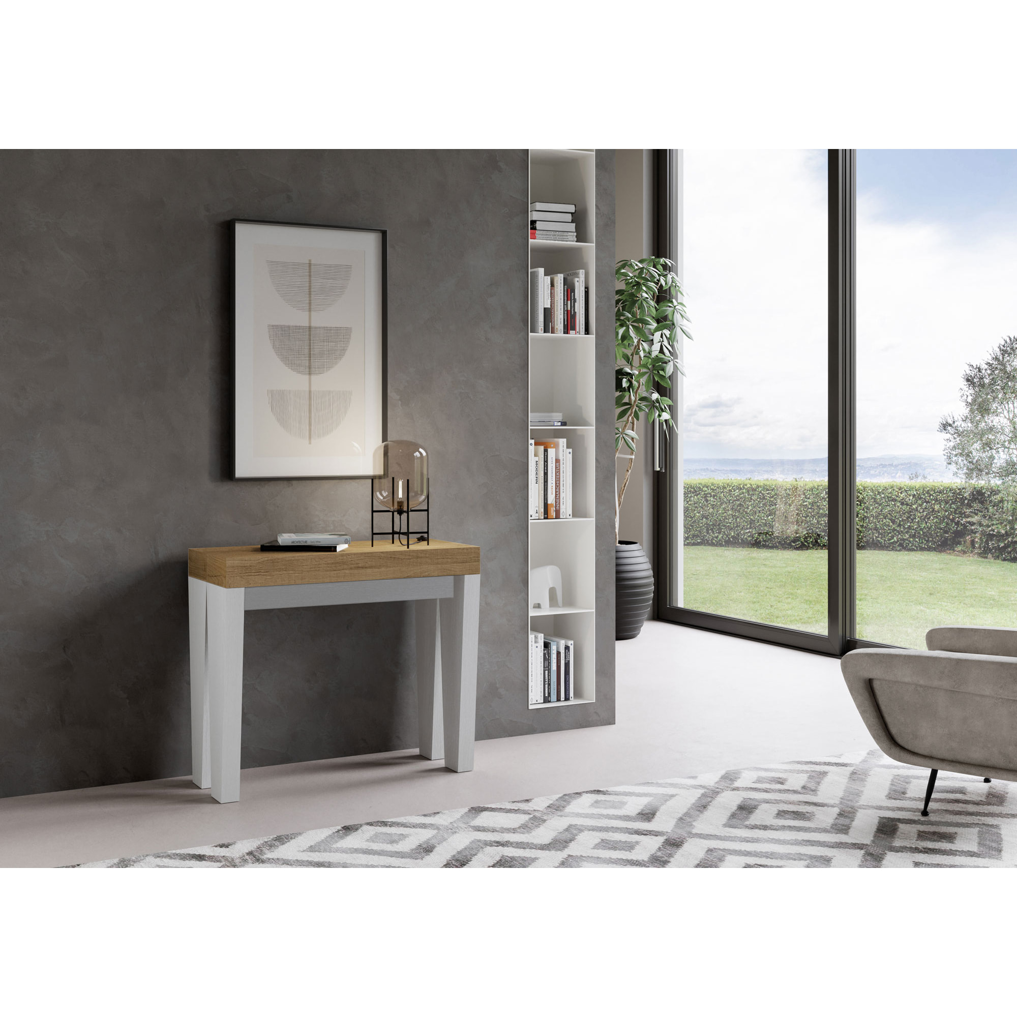 Consola extensible 90x40/196 cm Spimbo Mix Small tapa Roble Natural - patas Fresno Blanco