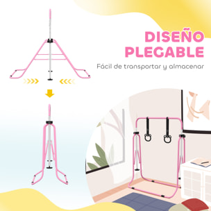 Barra de Gimnasia para Niños con Altura Ajustable en 5 Niveles y Anillos, Barra de Entrenamiento de Gimnasia Plegable en Casa, Rosa