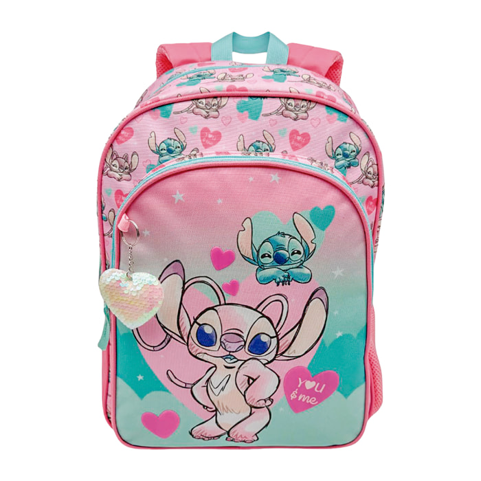 Zaino Primario Angel & Stitch a doppio scomparto, di grande capacità e adattabile a carrello. Con accessorio a forma di cuore.