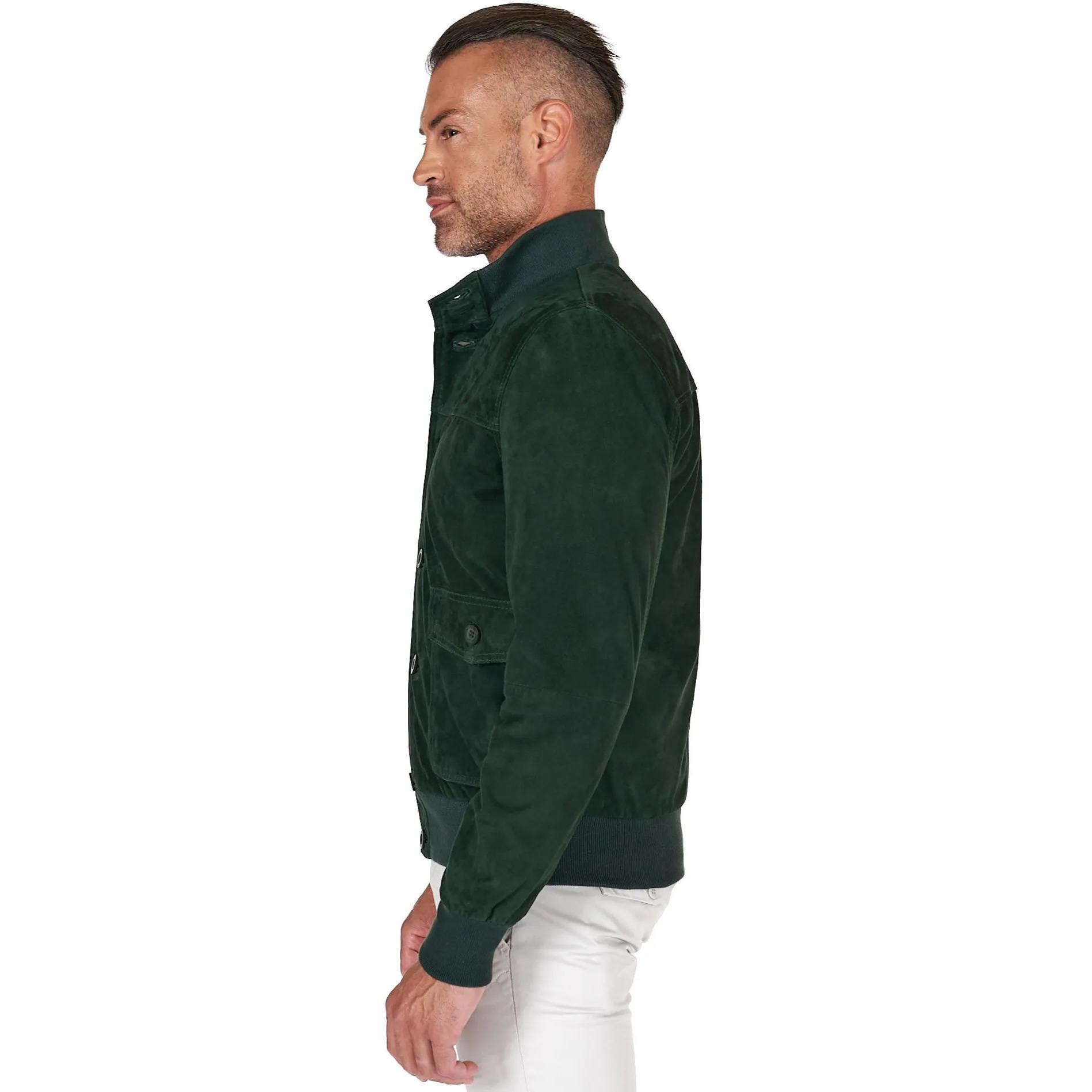 Giacca bomber in pelle camoscio verde con bottoni e tasconi