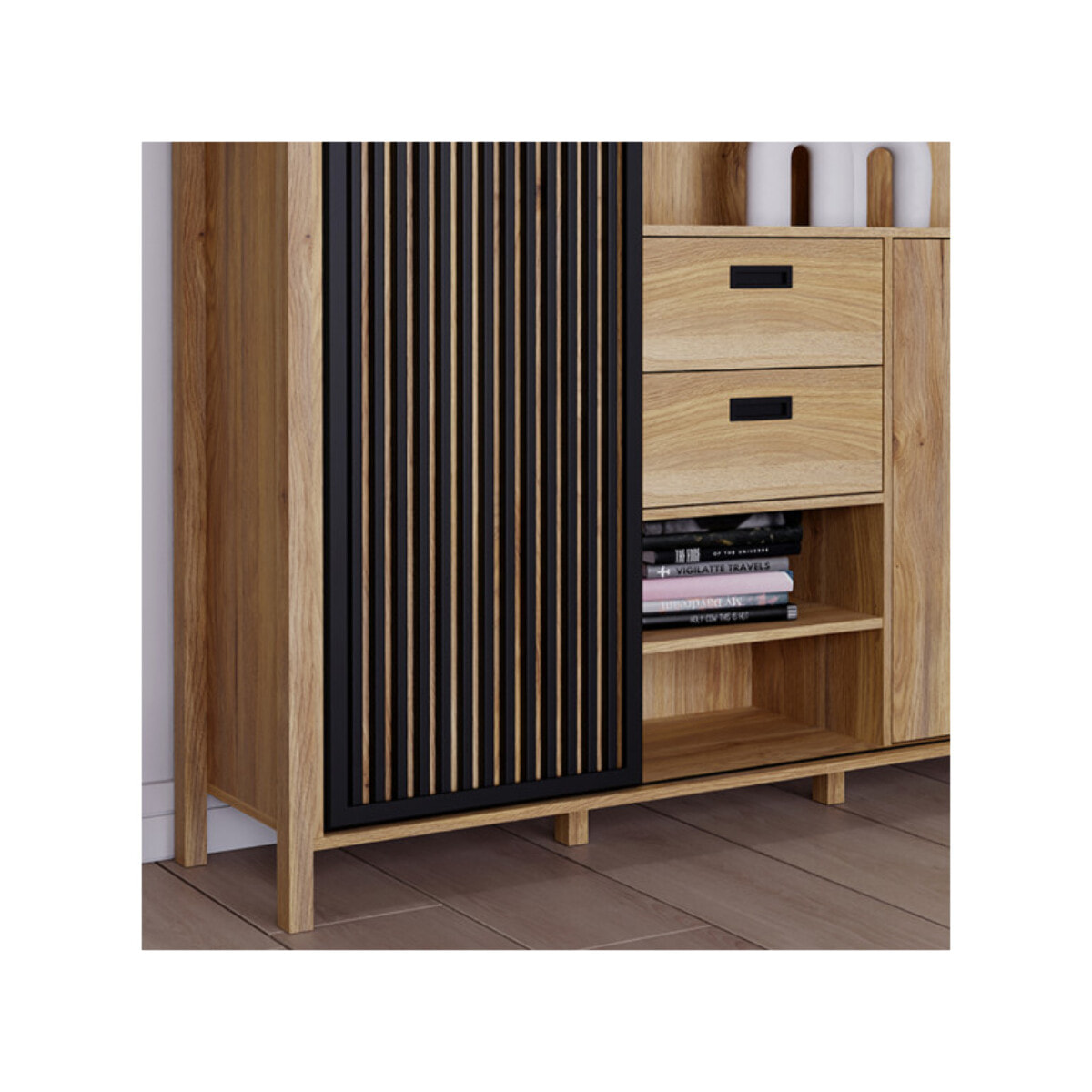 Armoirette L150cm 2 portes 2 tiroirs décor bois chêne et noir - BOSTON
