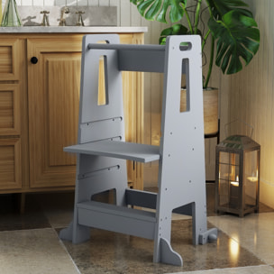 Torre de Aprendizaje Taburete de Aprendizaje para Niños de +3 Años con Pedal Altura Ajustable en 3 Niveles y Barrera de Seguridad para Baño Cocina 45x47,5x91 cm Gris