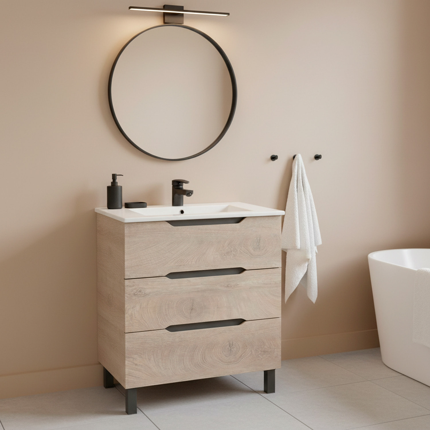 Mobile Bagno A Terra Con 3 Cassettoni Soft Close E Lavabo In Ceramica Incluso Mobiletto Design Moderno Salvaspazio 80 x 45 x 86 Cm Colore Rovere