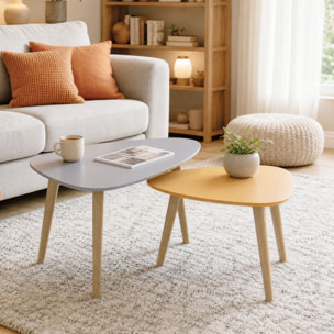 Lot de 2 tables basses gigognes design scandinave forme triangle de reuleaux bois MDF jaune orangé gris