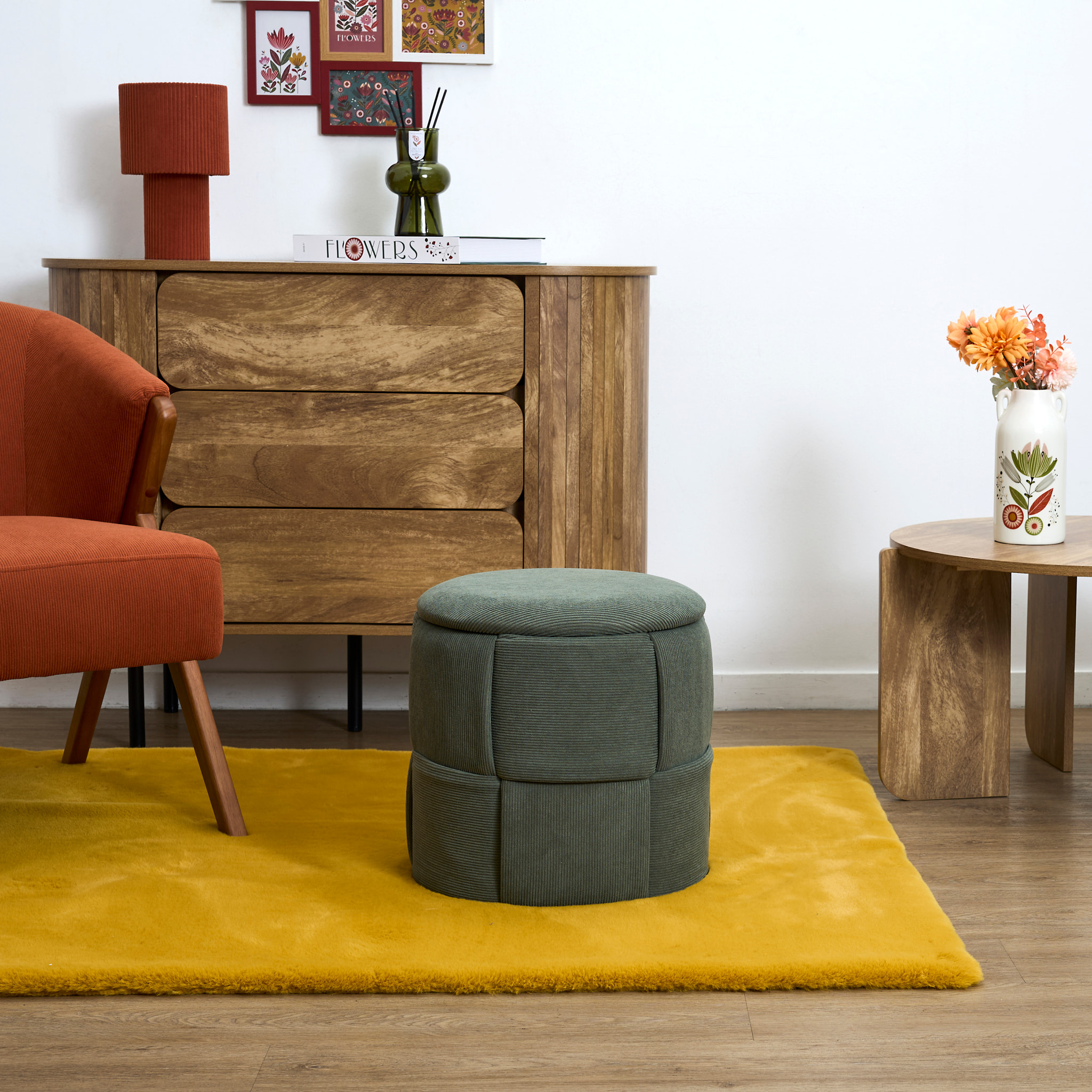 Pouf - HOME DECO FACTORY - Jules - Rangement - Tressé - Côtelé - Vert