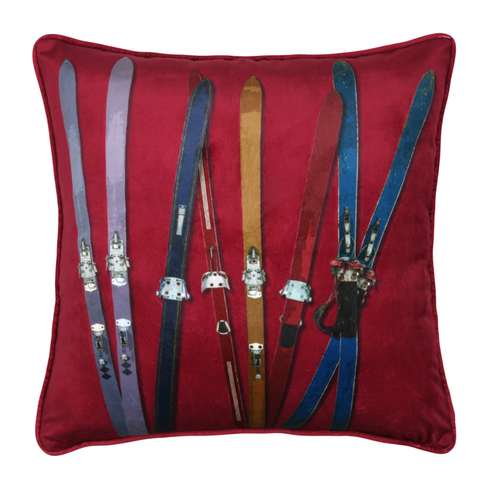 Coussin rectangulaire à motif skis vintage - Rouge