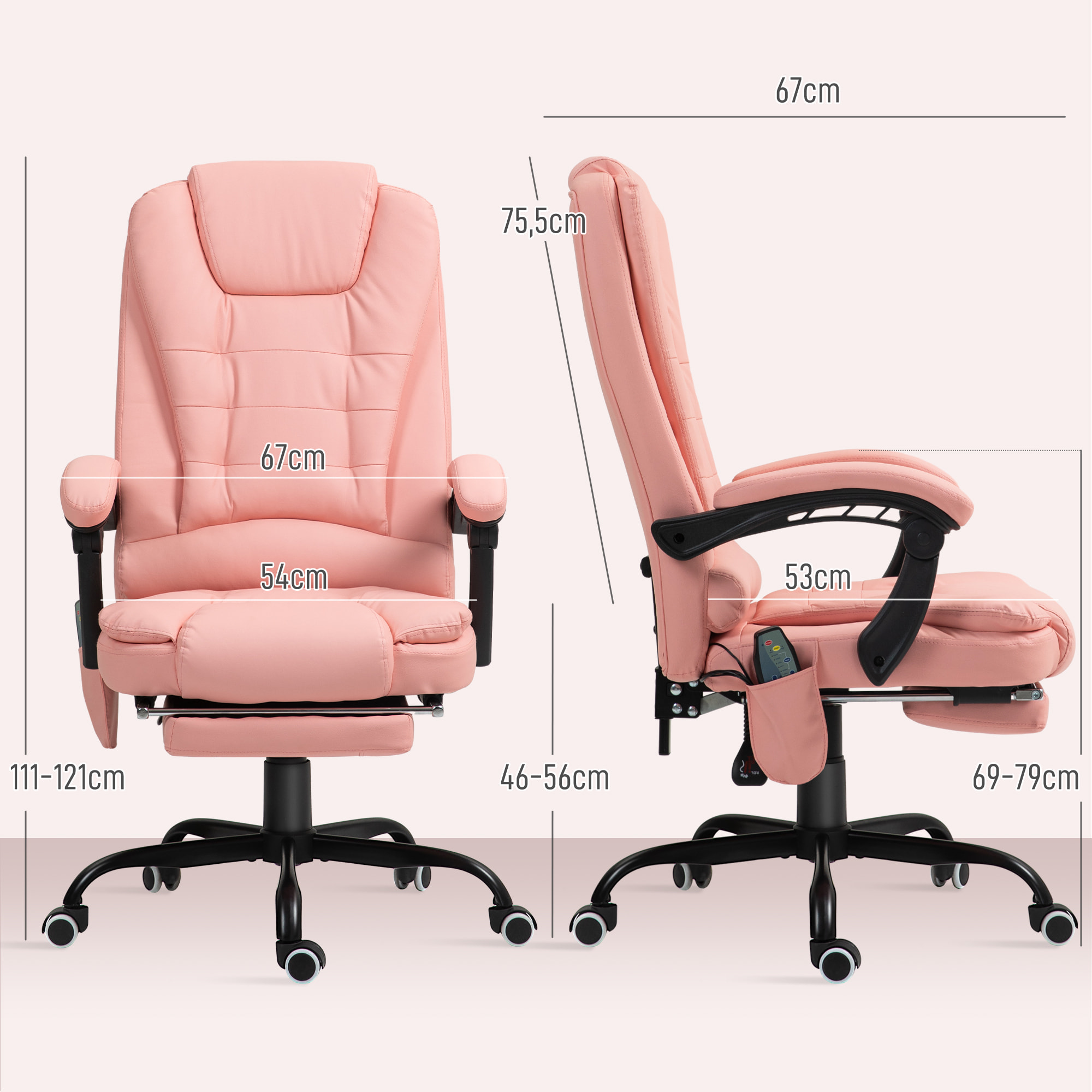 Silla de Oficina con 7 Puntos de Masaje Silla de Masaje Giratoria Silla de Escritorio con Reposapiés Retráctil Altura Ajustable Control Remoto y Tejido de PU Rosa