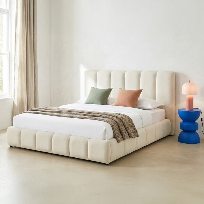 Lit coffre adulte avec tête de lit capitonnée en tissu chenille - NILS