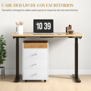 Cajonera de Oficina Mueble Archivador con 4 Ruedas 3 Cajones y 1 Bandeja Extraíble Carga 30 kg para Estudio Salón 43x40x66,5 cm Blanco y Natural