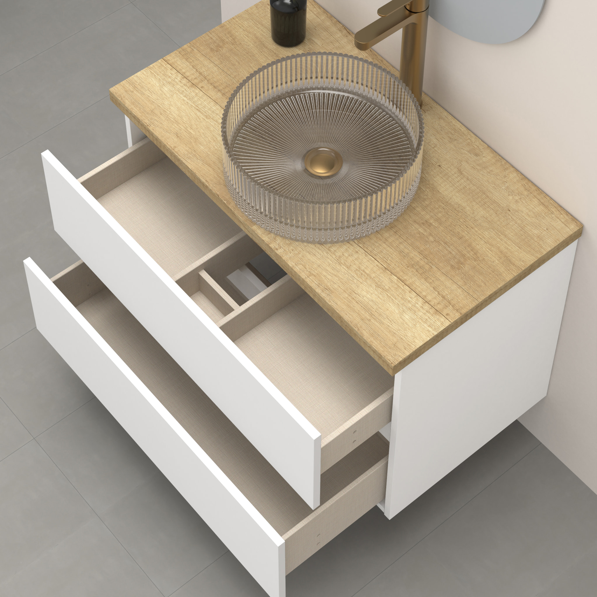 CONJUNTO DE BAÑO KUB | 80 CM BLANCO | DOS CAJONES | LAVABO DE CRISTAL | NO INCLUYE ESPEJO | MUEBLE MONTADO | ALDAY