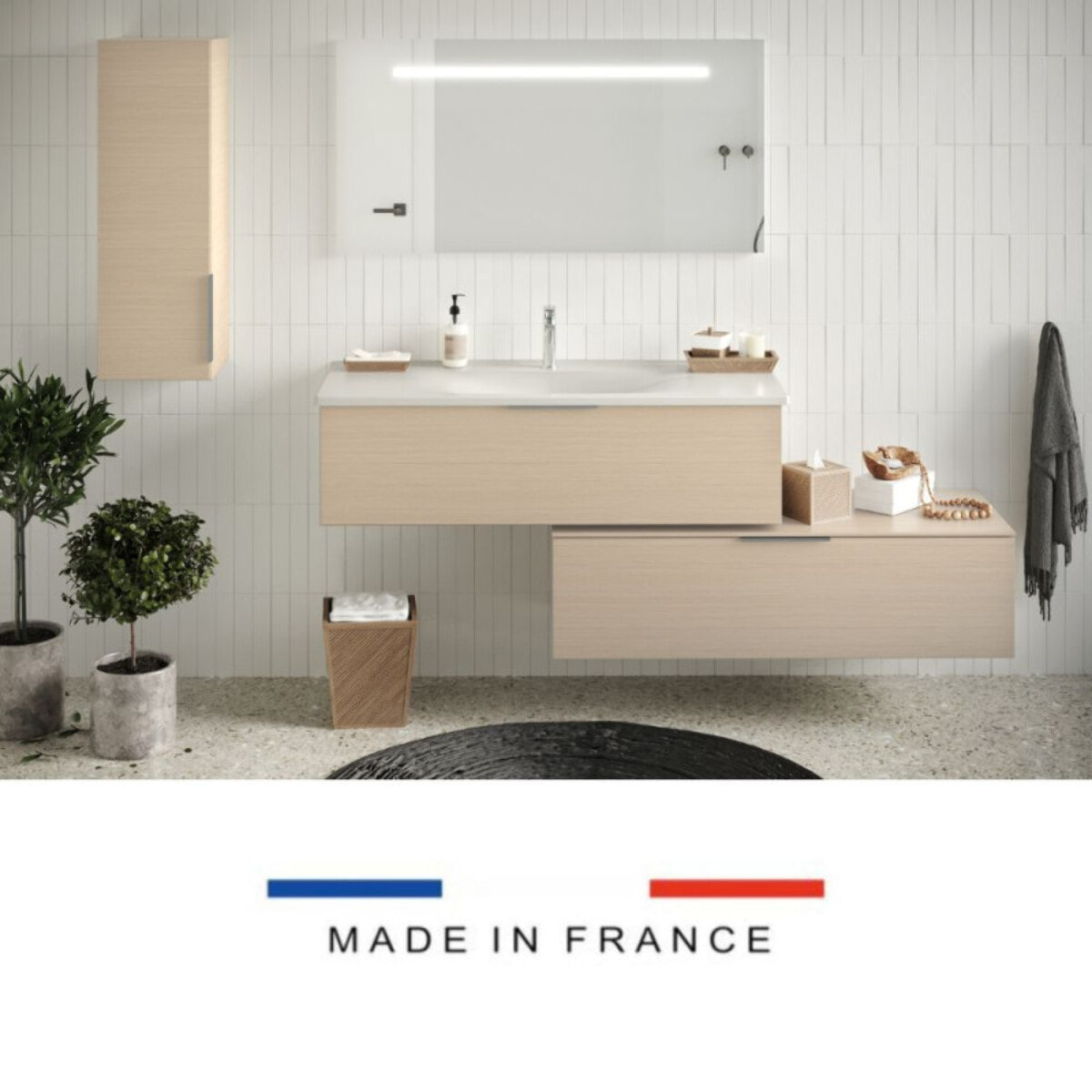 Meuble vasque 120 cm Olena en décaler chêne clair + colonne