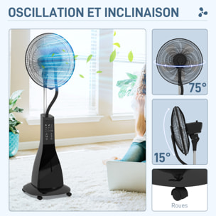 Ventilateur oscillant inclinable sur pied roulettes brumisateur 2 en 1 - 90W - timer, 3 modes, 3 vitesses - télécommande - noir