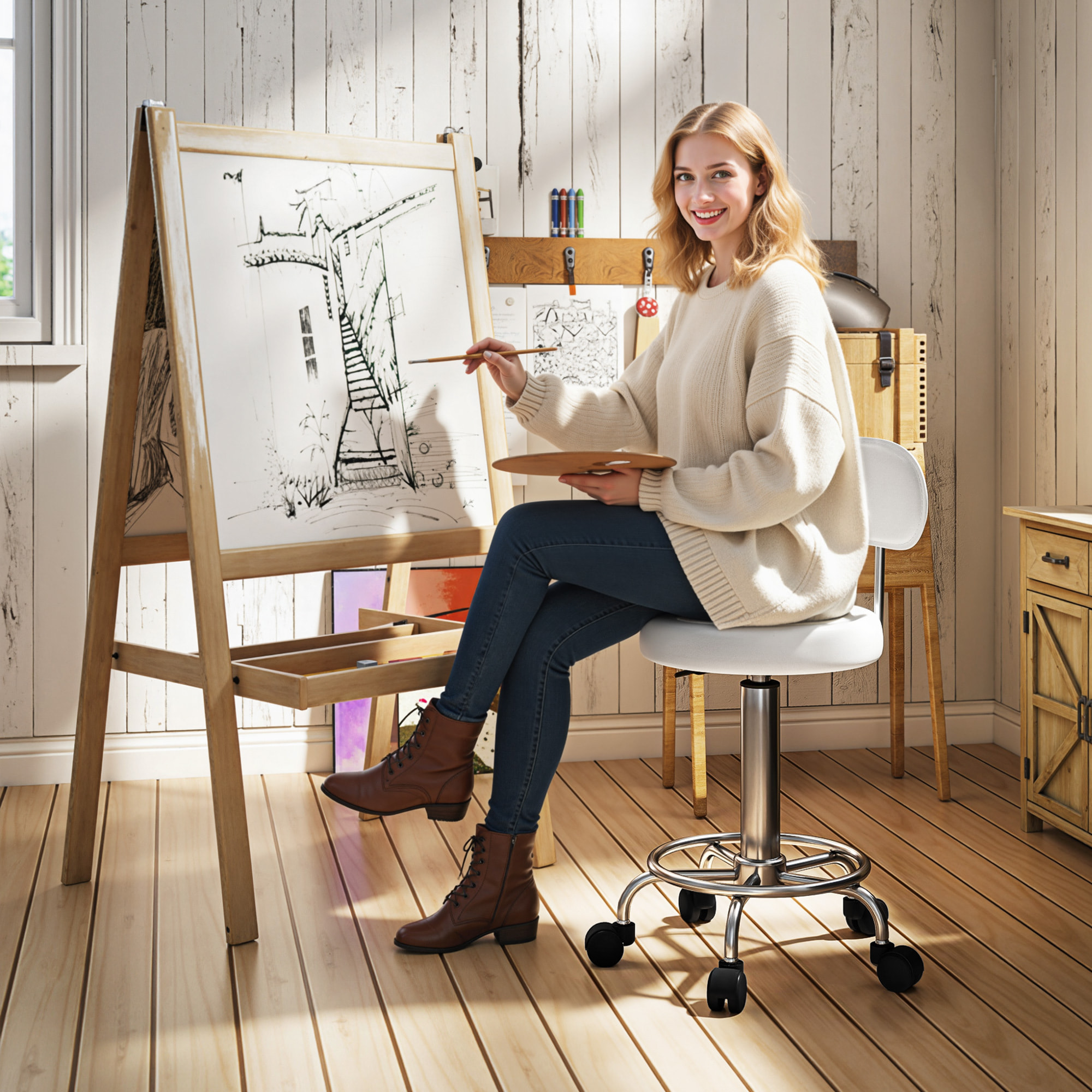 Taburete Giratorio Taburete con Ruedas y Respaldo Taburete de Trabajo con Altura Regulable 70-86 cm Asiento Tapizado de Cuero Sintético Blanco