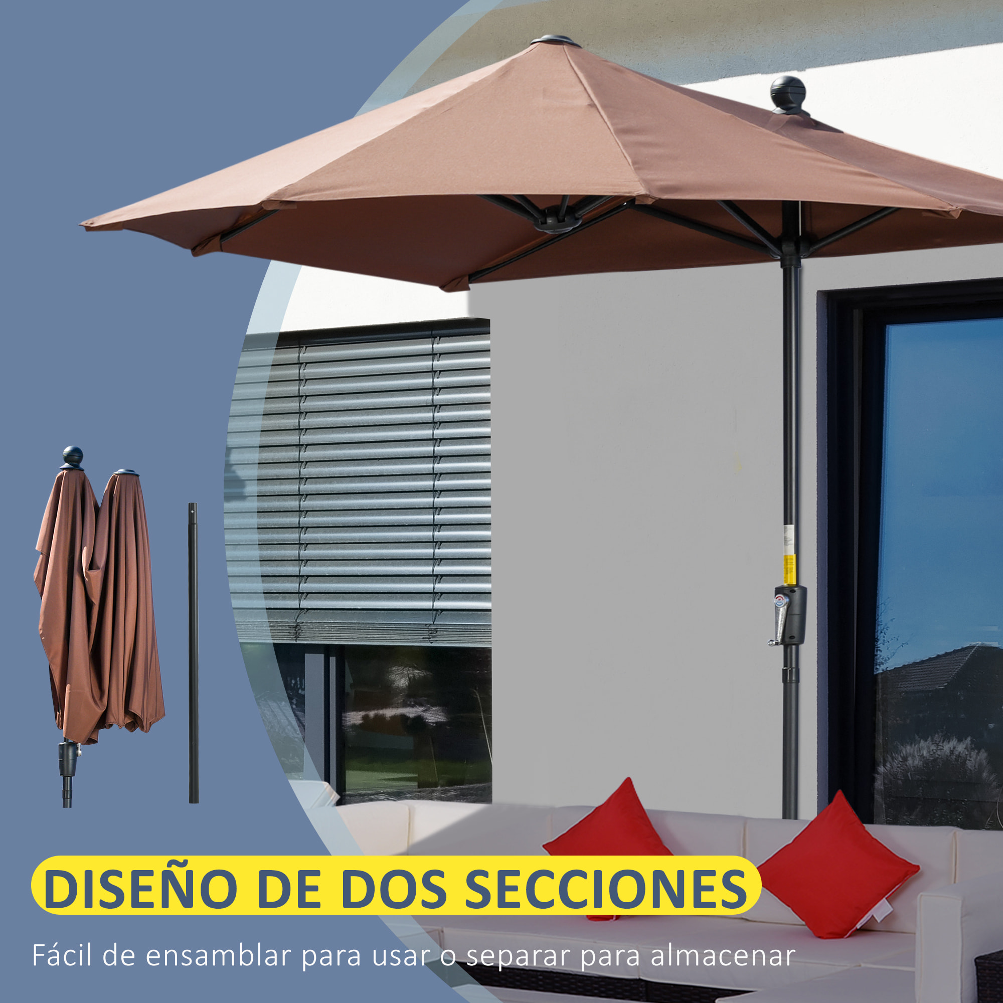Sombrilla de Pared de Jardín 200x190x240 cm Parasol de Terraza con Manivela Poste de Acero y Base Cruzada Anti-UV para Terraza Balcón Café