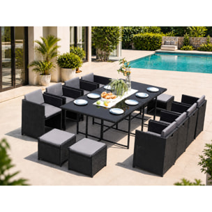 Table et chaises 12 places encastrables en résine noir-gris REGINA