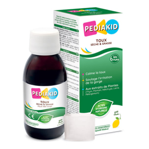 PEDIAKID - Toux Sèche & Grasse - Formule Exclusive au Sirop d'Agave - Calme la Toux - Soulage l'irritations de la Gorge - Arôme Naturel Citron - Flacon 125 ml