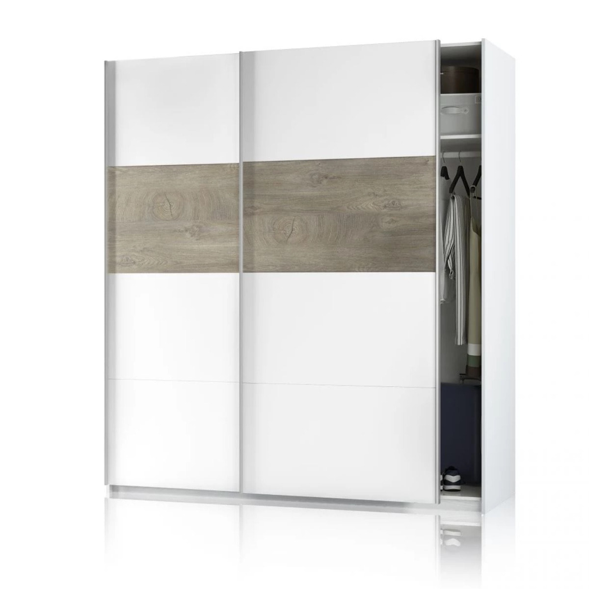 Armario Brike 180 2 puertas correderas Blanco Artik (Blanco Mate) – Roble Alaska