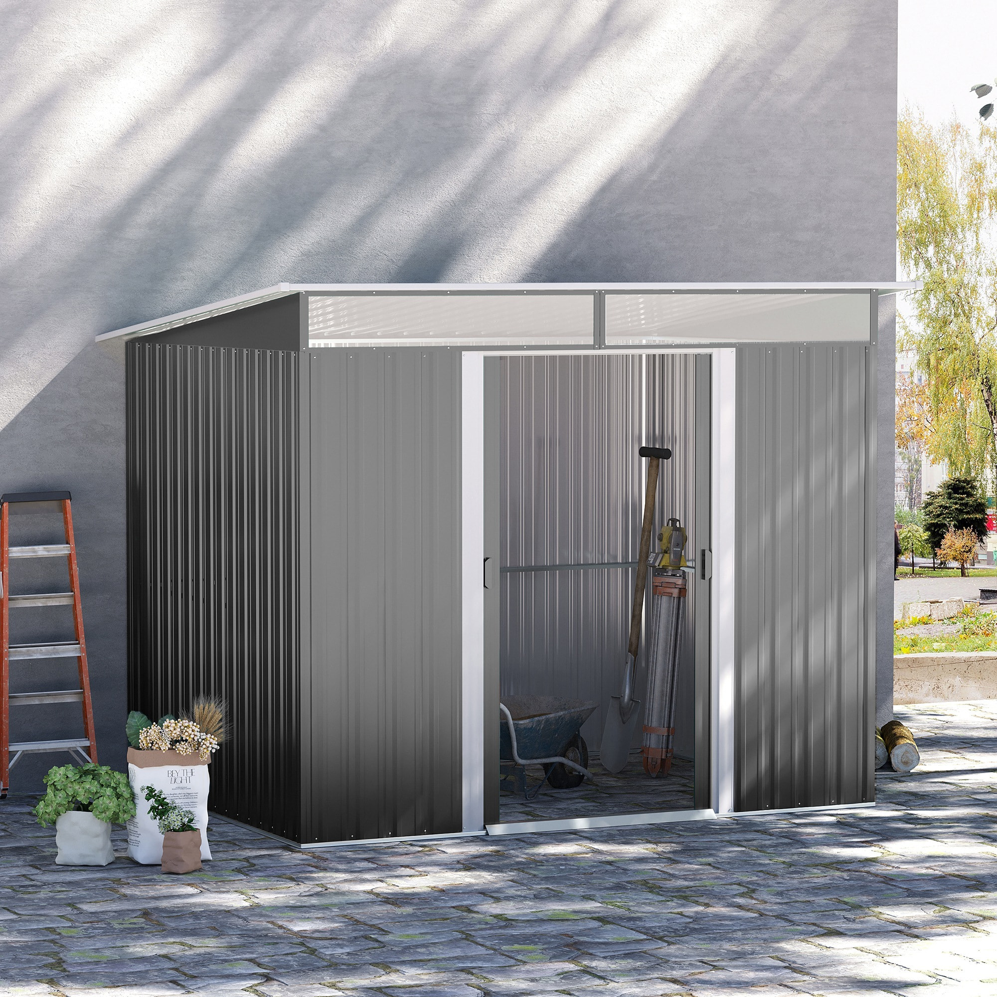 Cobertizo de Jardín Exterior 4,5 m² 260x194x200 cm Caseta de Jardín Exterior Metálica con Paneles Frontales Transparentes y 2 Puertas Corredizas para Almacenamiento de Herramientas Gris