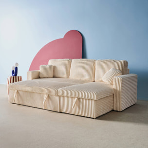 Canapé d'angle réversible convertible en tissu effet fourrure blanc crème avec coffre de rangement - Ida