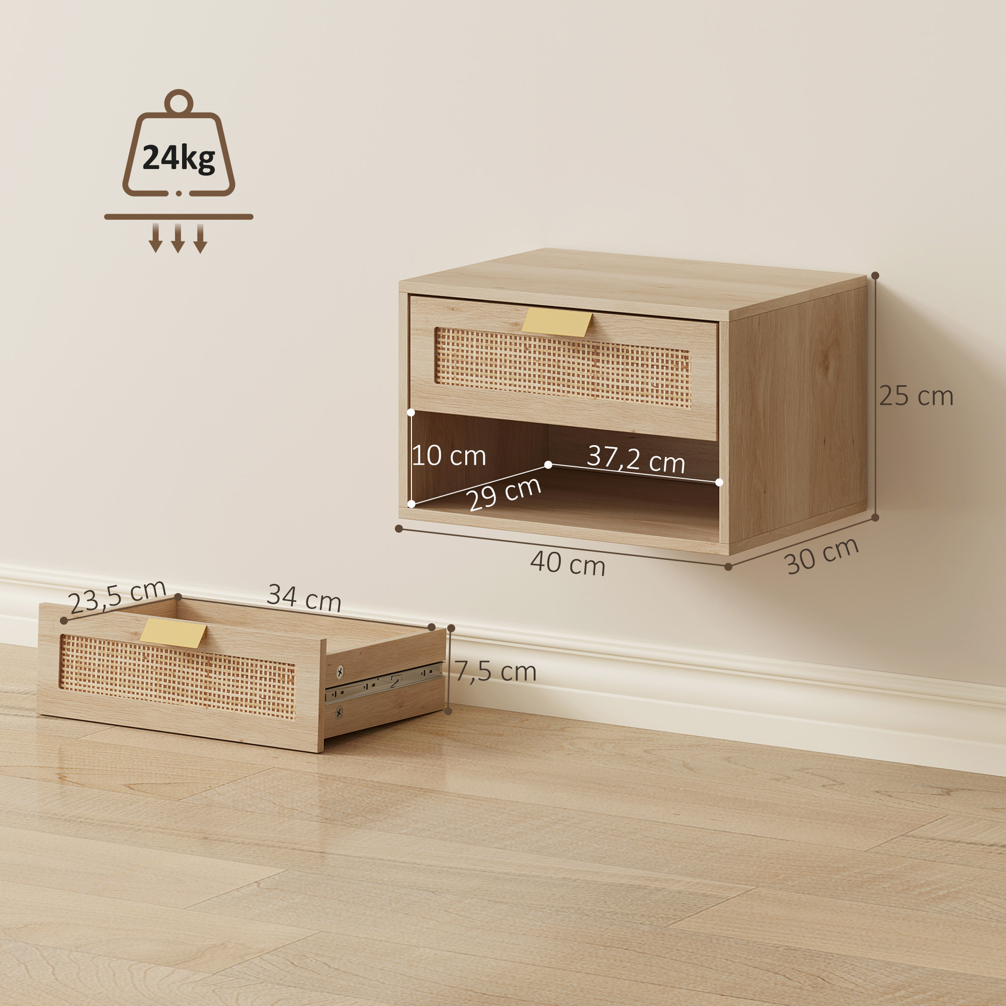 Juego de 2 Mesitas de Noche Flotantes, Mesillas de Noche Dormitorio con Cajón de Ratán, Estante Abierto, Ahorra Espacio, Diseño Nórdico, para Sala de Estar, 40x30x25 cm, Roble